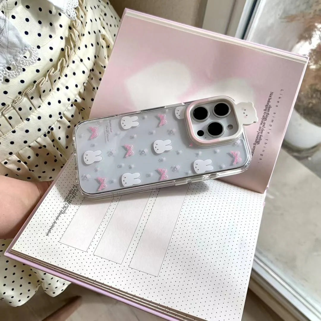 Cute Bunny & Pink Bow Clear Phone Case with 3D Camera Charm