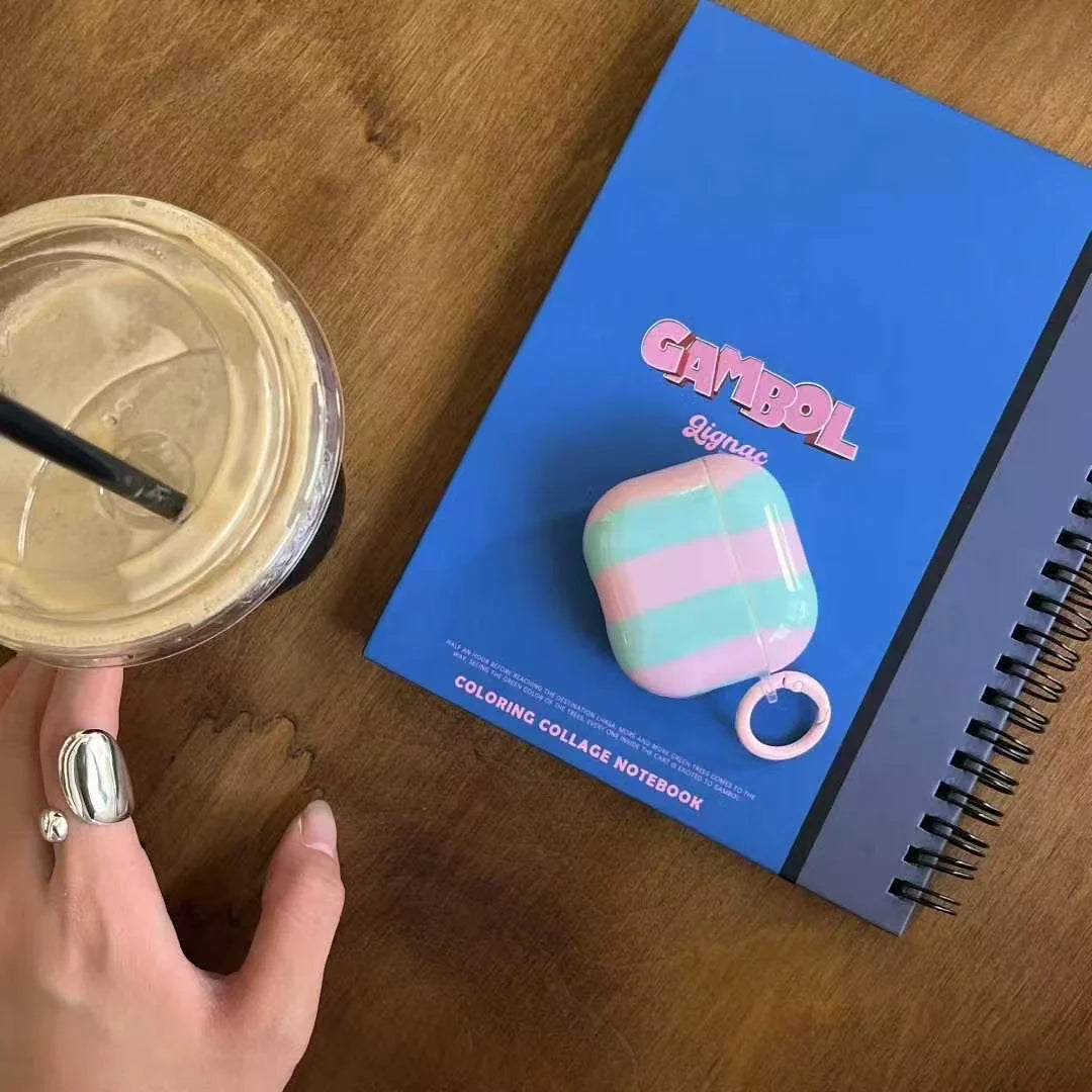 Pastel Stripe Glossy Airpods Case with Ring