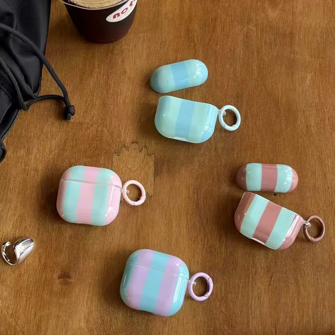 Pastel Stripe Glossy Airpods Case with Ring