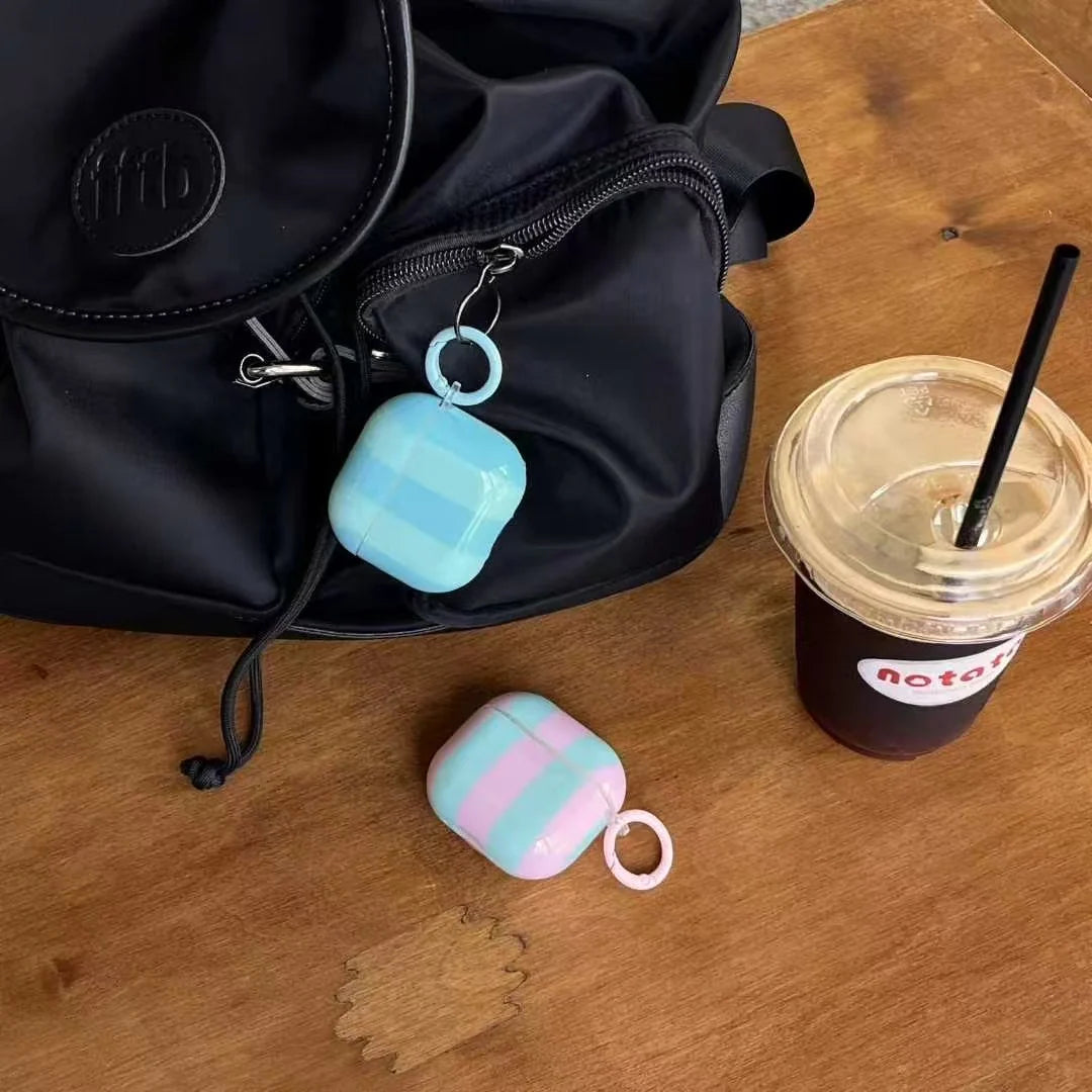 Pastel Stripe Glossy Airpods Case with Ring