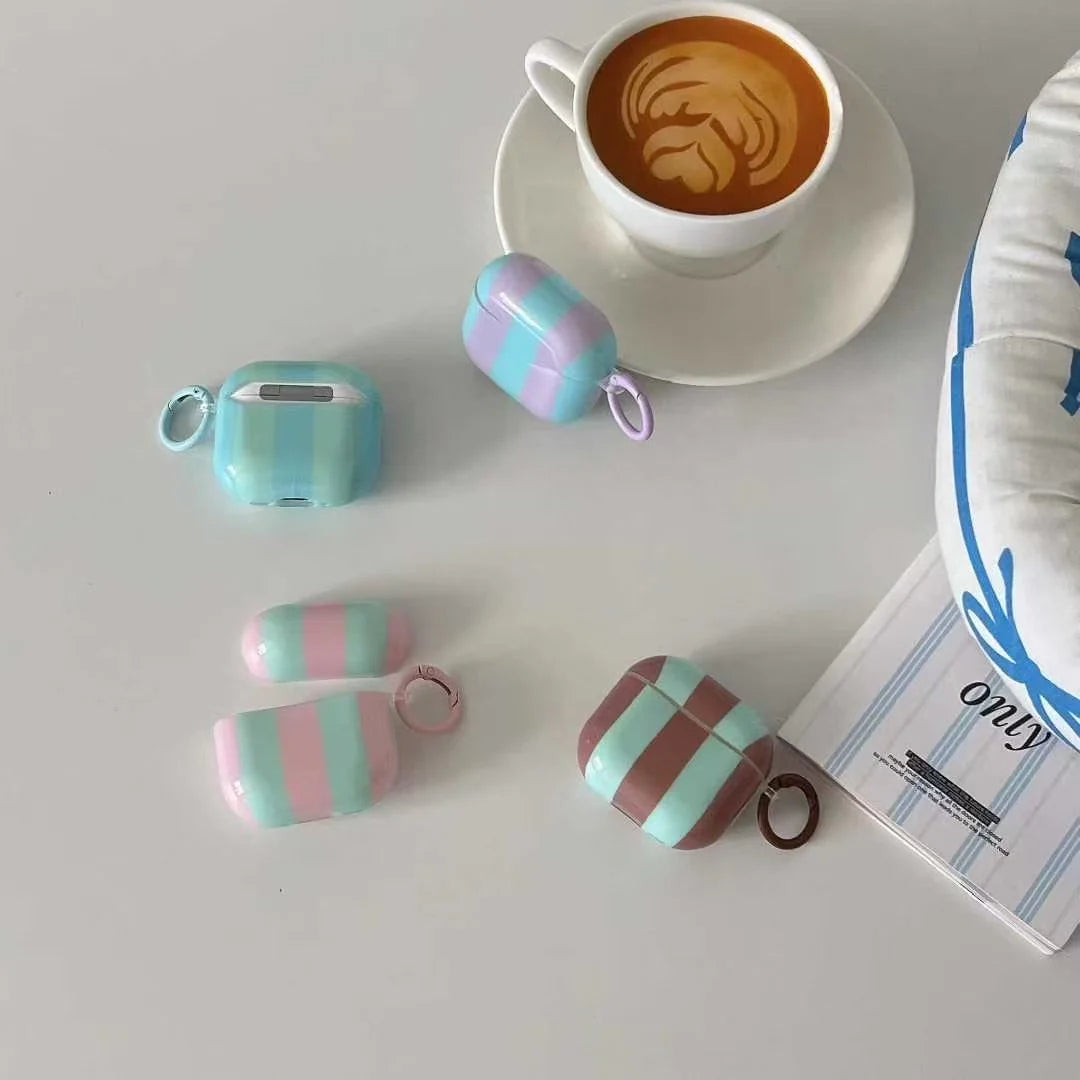 Pastel Stripe Glossy Airpods Case with Ring