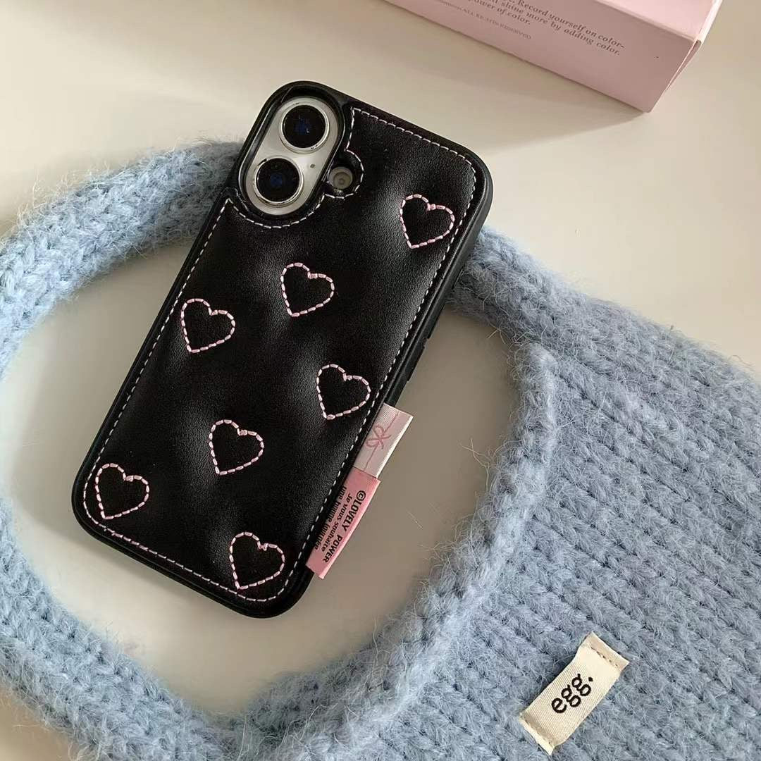Leather Embossed Heart Pattern Case For Phone With Bow Charm