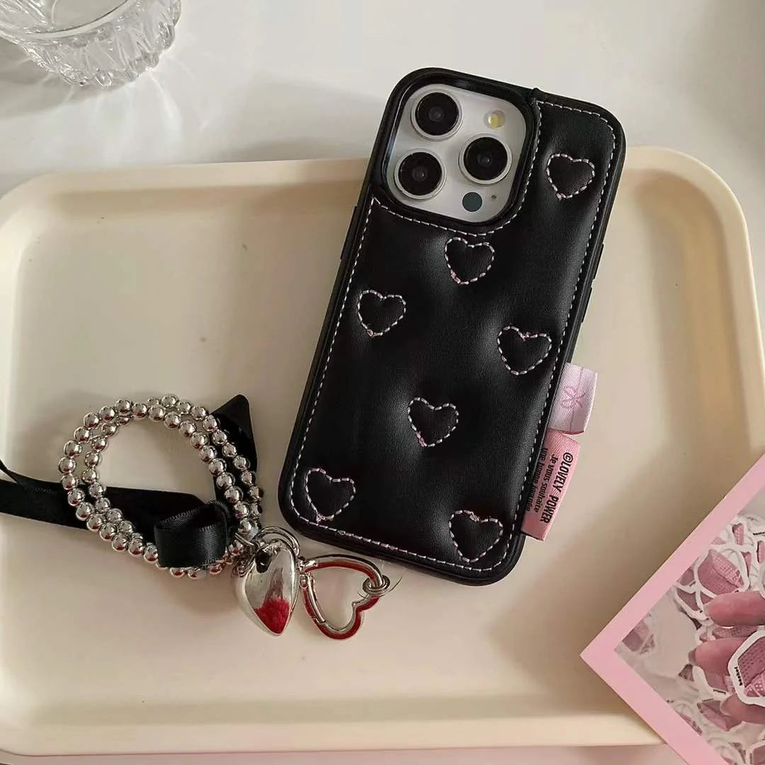 Leather Embossed Heart Pattern Case For Phone With Bow Charm