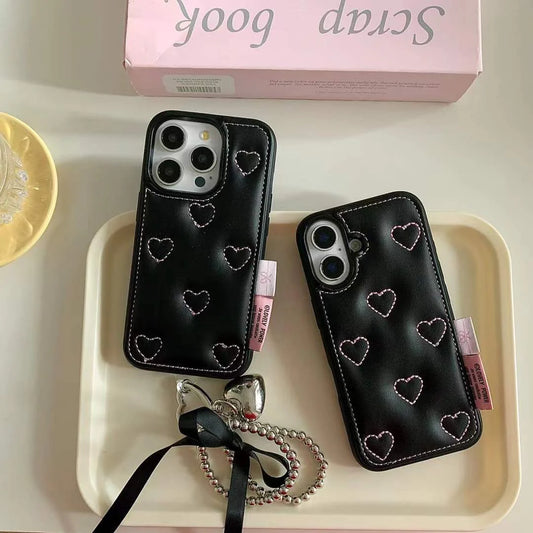 Leather Embossed Heart Pattern Case For Phone With Bow Charm