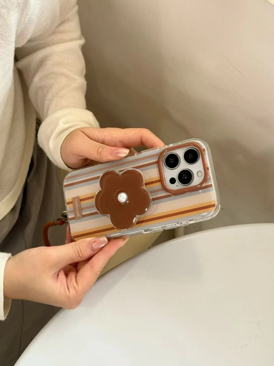 Striped Floral Phone Case with Pearl Accent & Wrist Strap