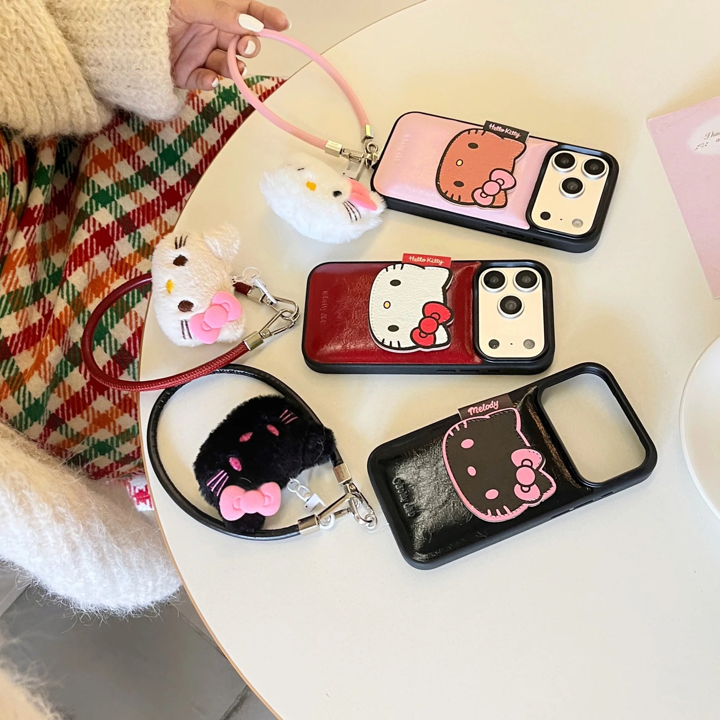 luxury Hello-Kitty vibes & leather finish Phone Case With Charm Strap
