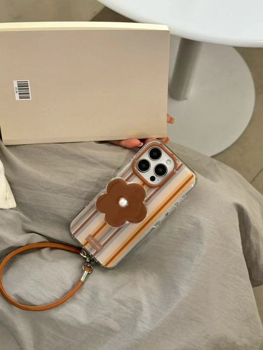 Striped Floral Phone Case with Pearl Accent & Wrist Strap