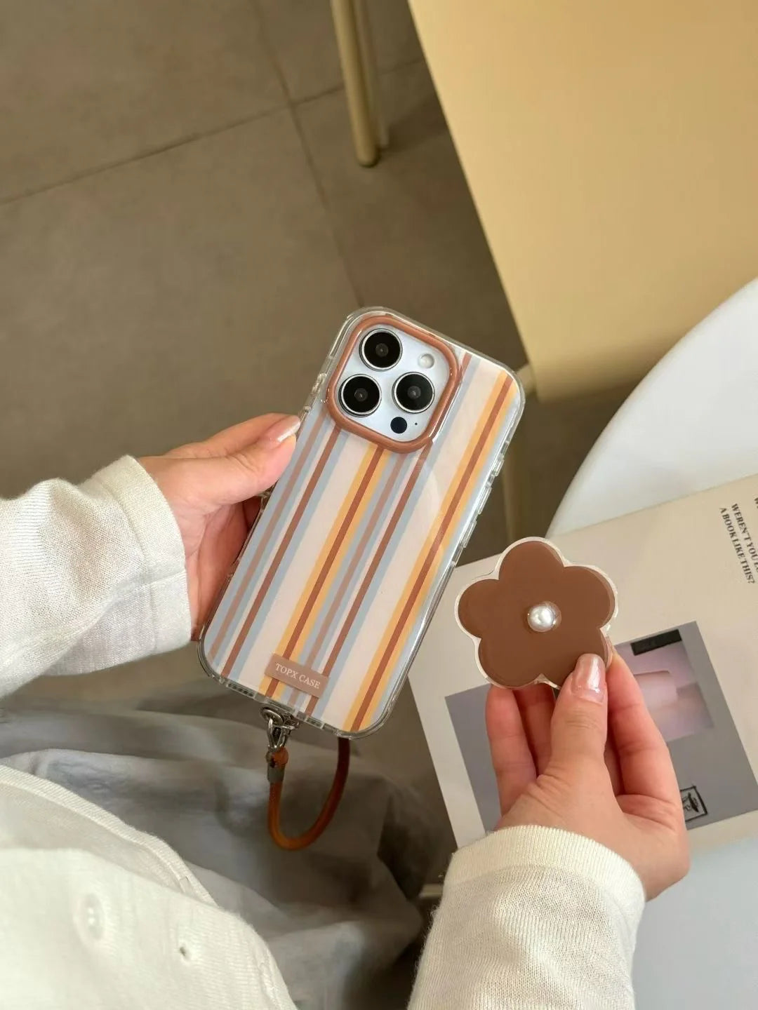 Striped Floral Phone Case with Pearl Accent & Wrist Strap