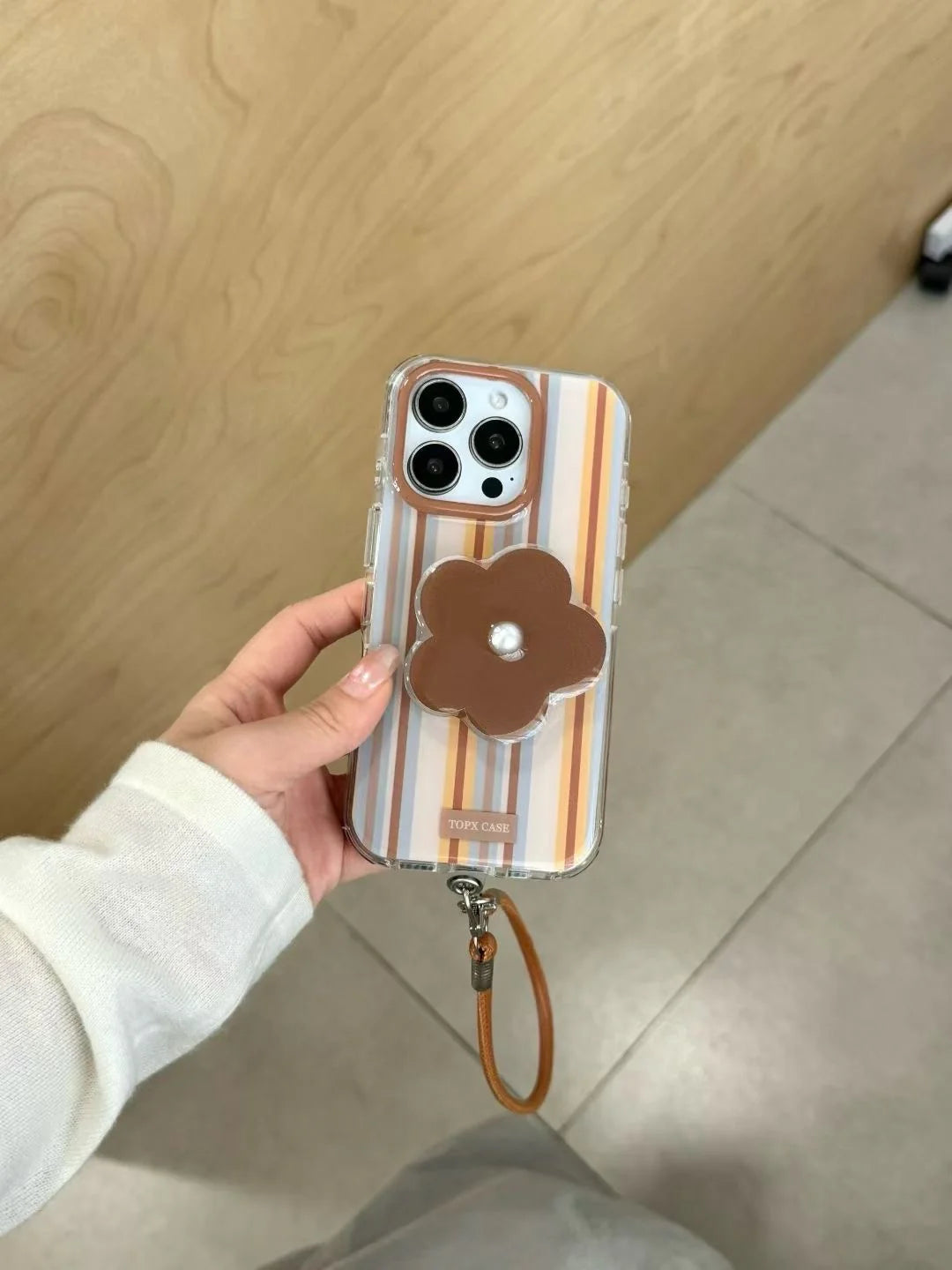 Striped Floral Phone Case with Pearl Accent & Wrist Strap