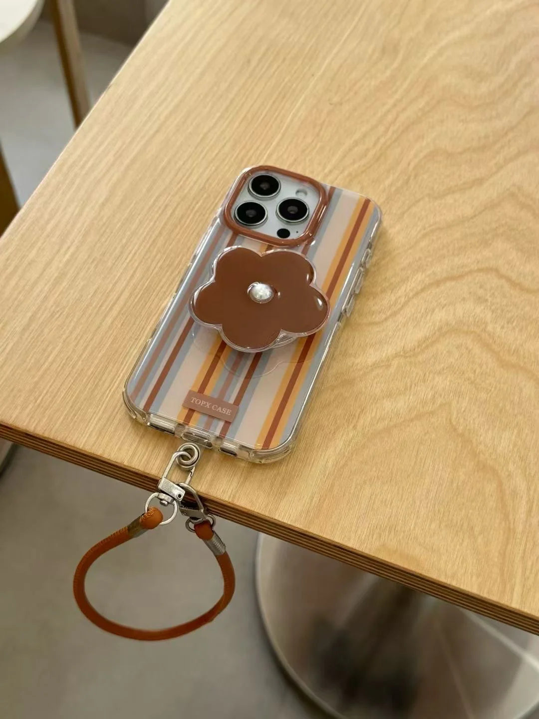 Striped Floral Phone Case with Pearl Accent & Wrist Strap