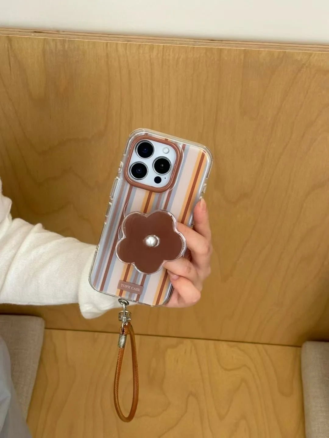 Striped Floral Phone Case with Pearl Accent & Wrist Strap