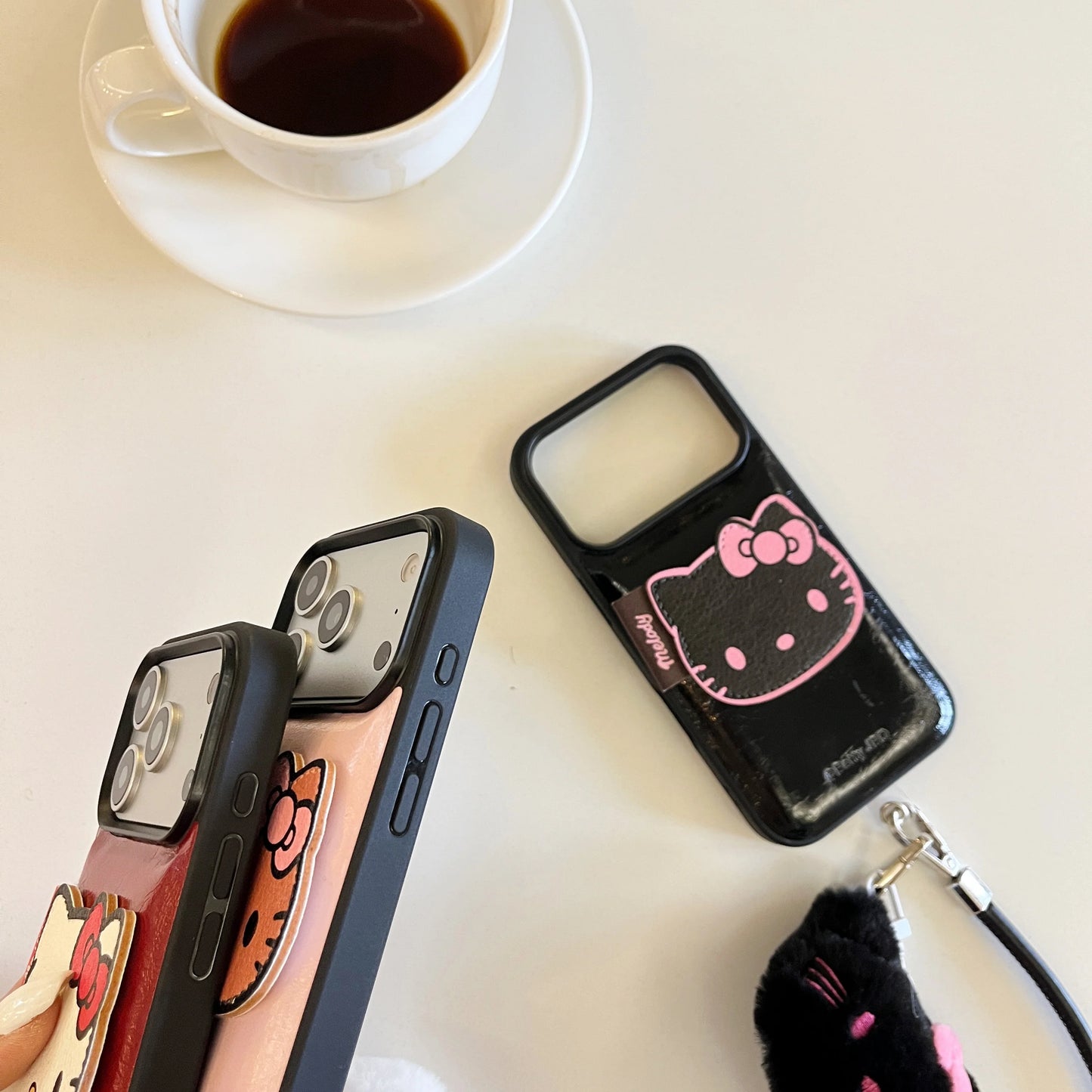 luxury Hello-Kitty vibes & leather finish Phone Case With Charm Strap