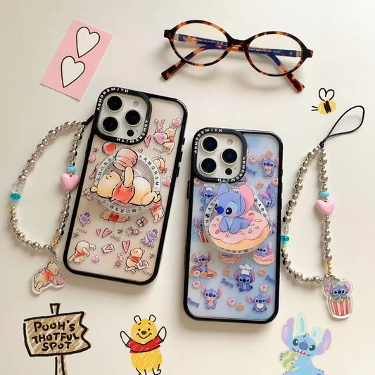Cute Cartoon Phone Case With MagSafe Holder & Beaded Strap