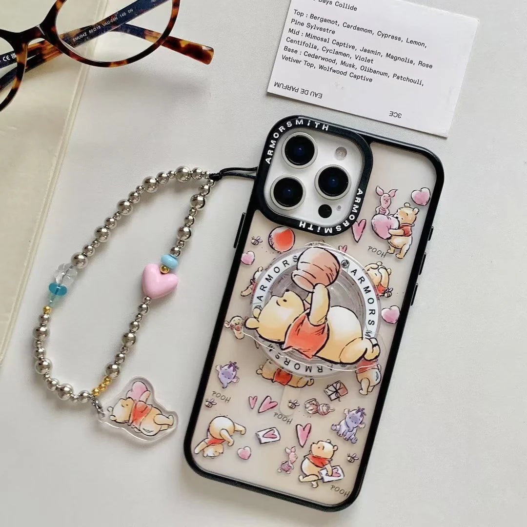 Cute Cartoon Phone Case With MagSafe Holder & Beaded Strap