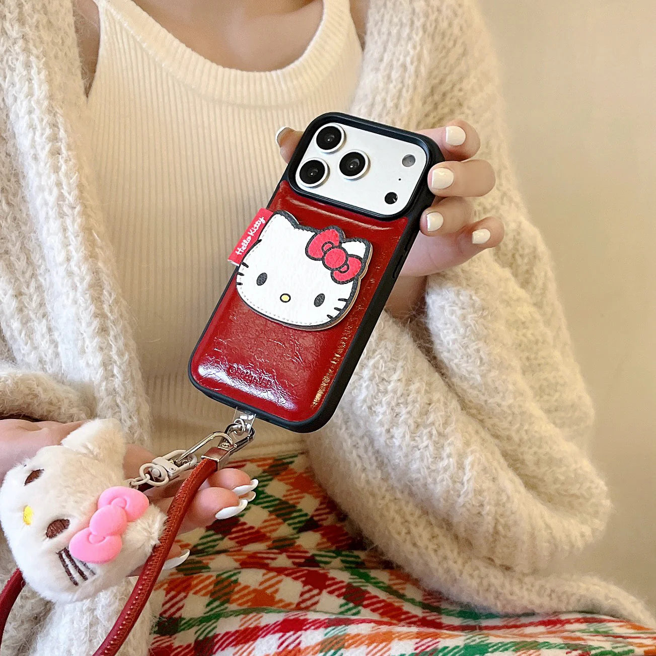 luxury Hello-Kitty vibes & leather finish Phone Case With Charm Strap