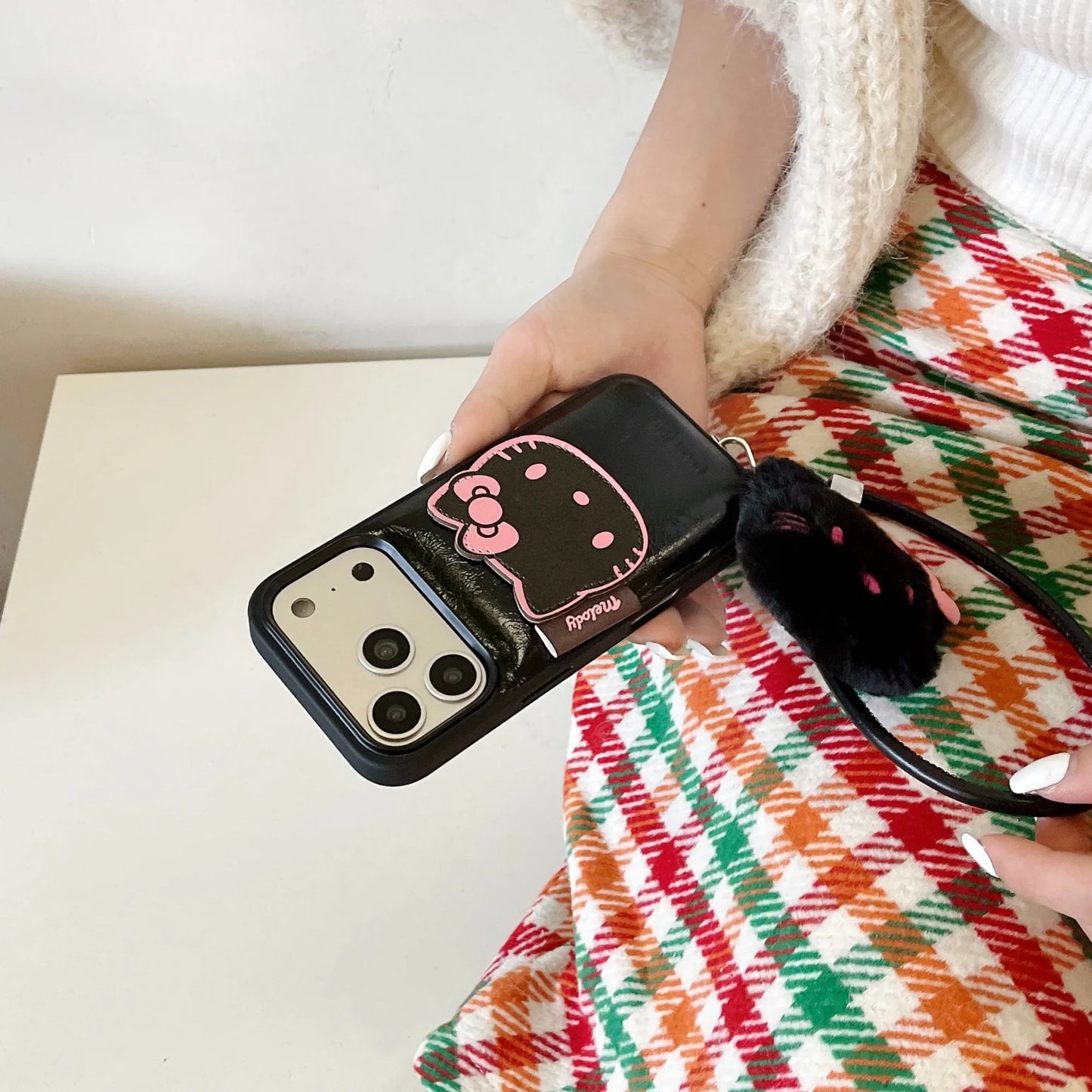luxury Hello-Kitty vibes & leather finish Phone Case With Charm Strap