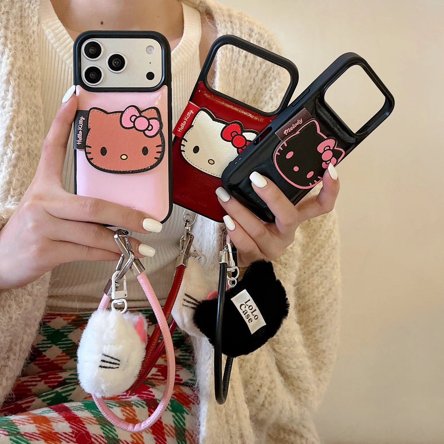 luxury Hello-Kitty vibes & leather finish Phone Case With Charm Strap