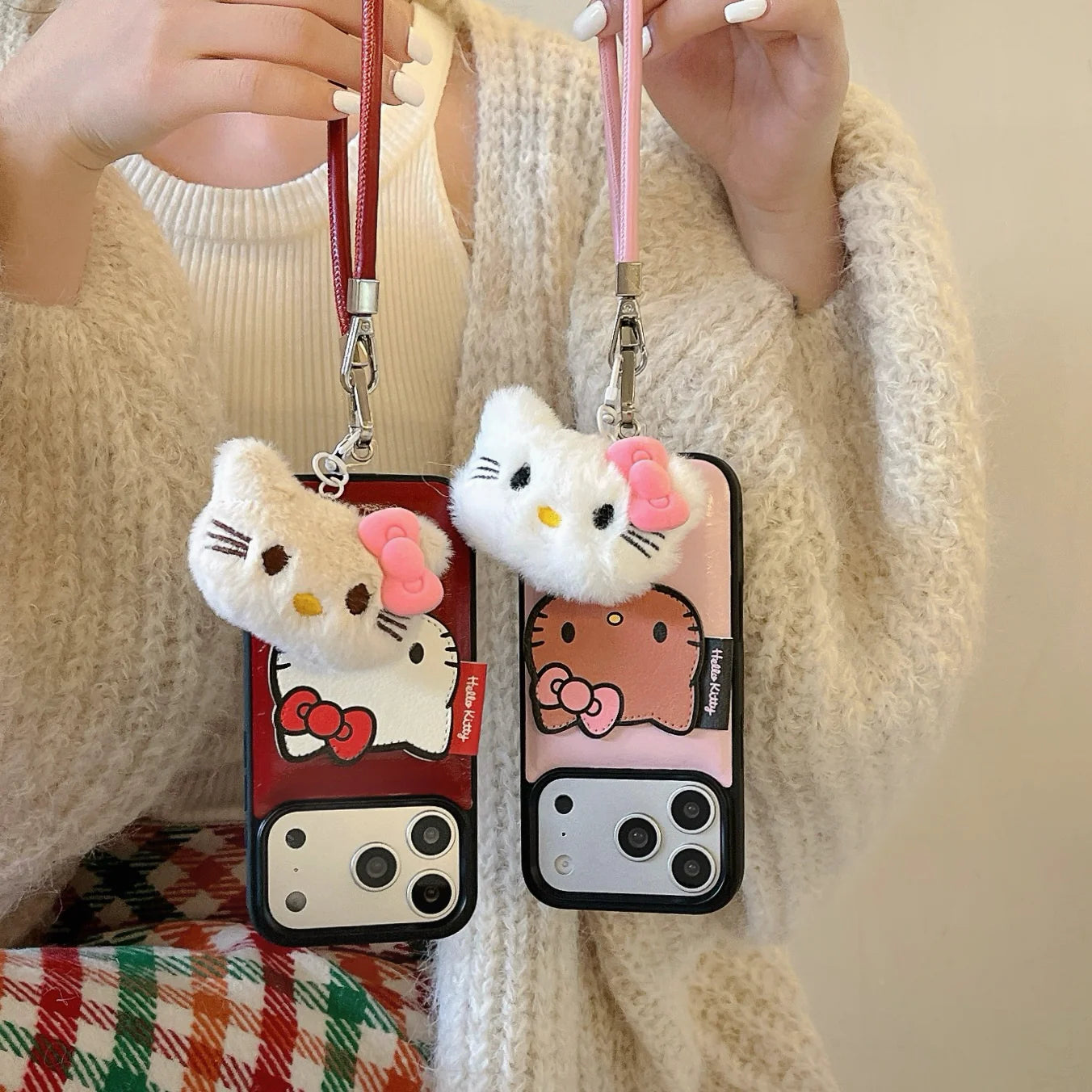 luxury Hello-Kitty vibes & leather finish Phone Case With Charm Strap