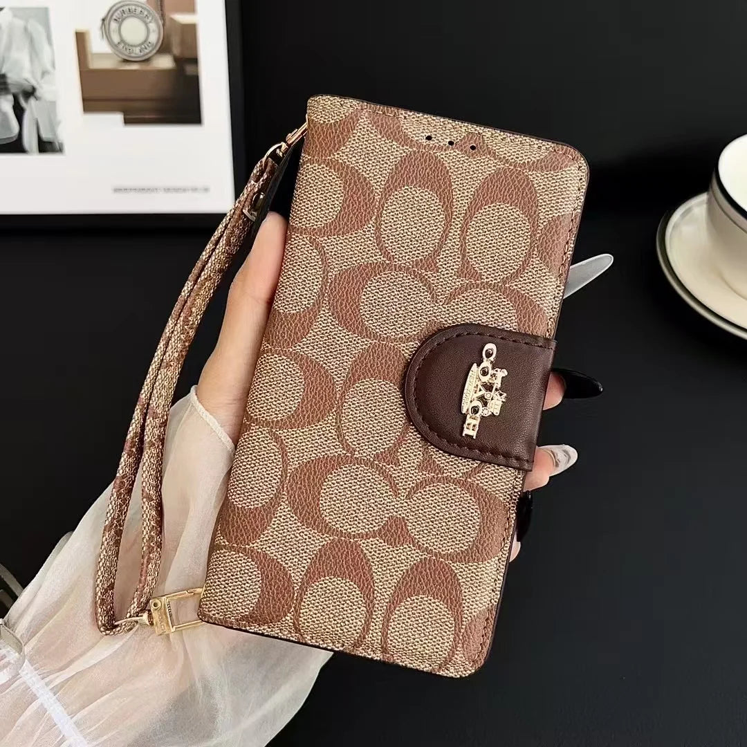 Luxury Wallet Design Premium PU Leather Flip Phone Case with Wrist Strap