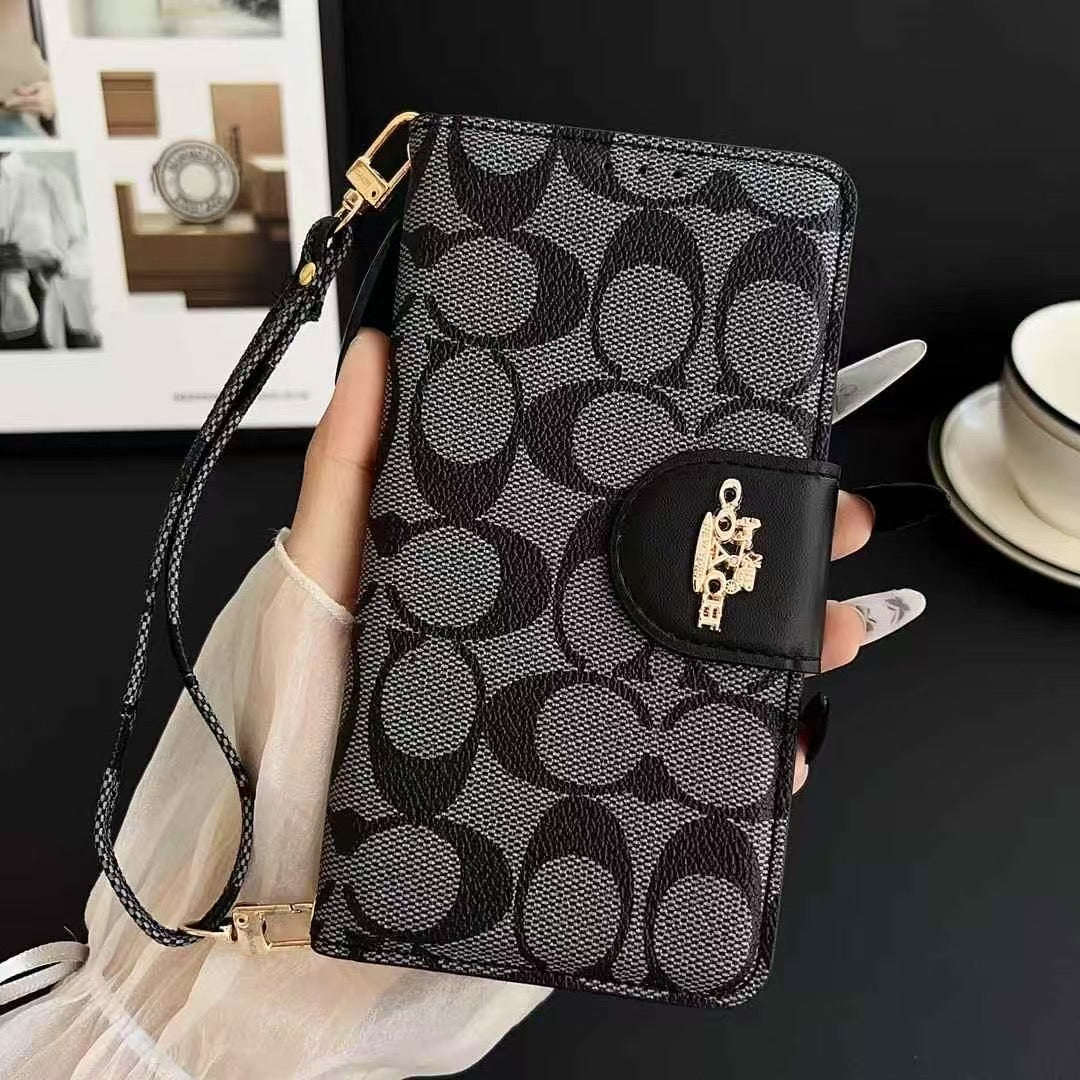 Luxury Wallet Design Premium PU Leather Flip Phone Case with Wrist Strap
