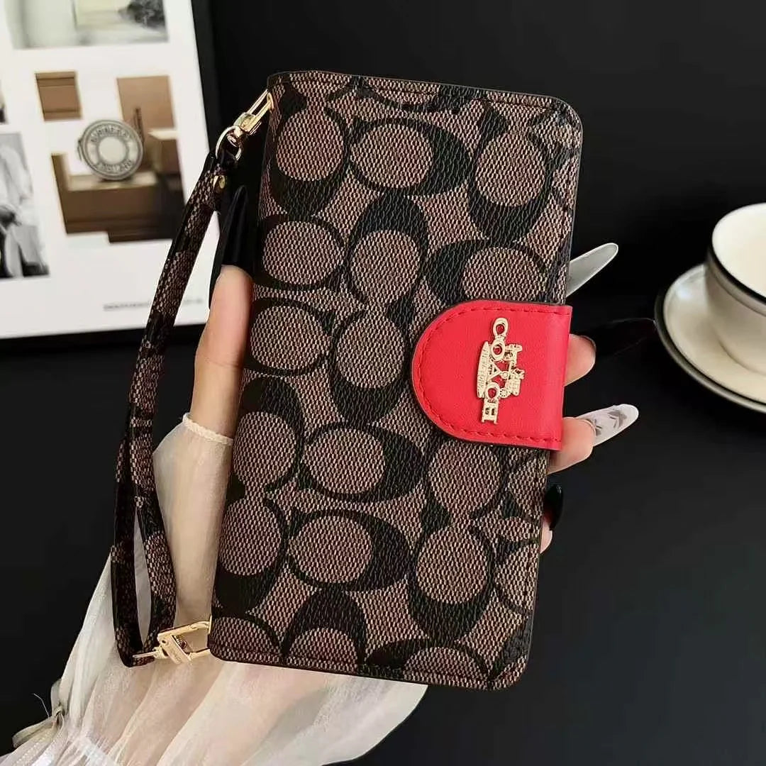 Luxury Wallet Design Premium PU Leather Flip Phone Case with Wrist Strap