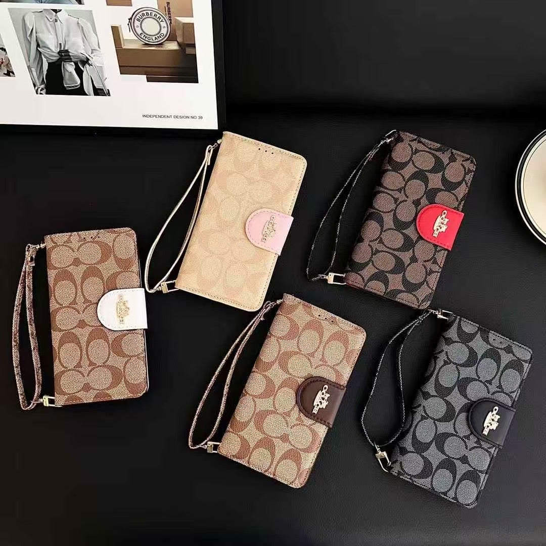 Luxury Wallet Design Premium PU Leather Flip Phone Case with Wrist Strap