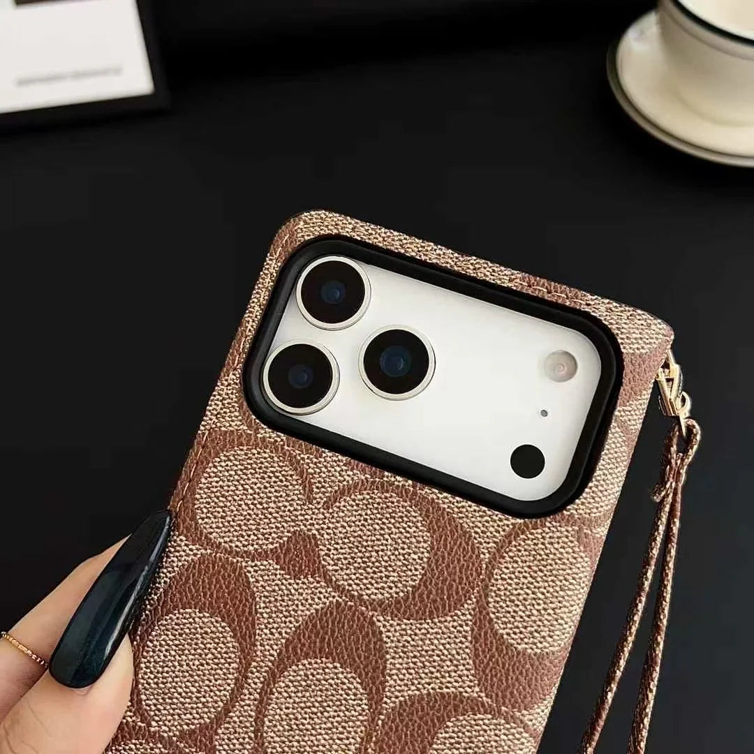 Luxury Wallet Design Premium PU Leather Flip Phone Case with Wrist Strap