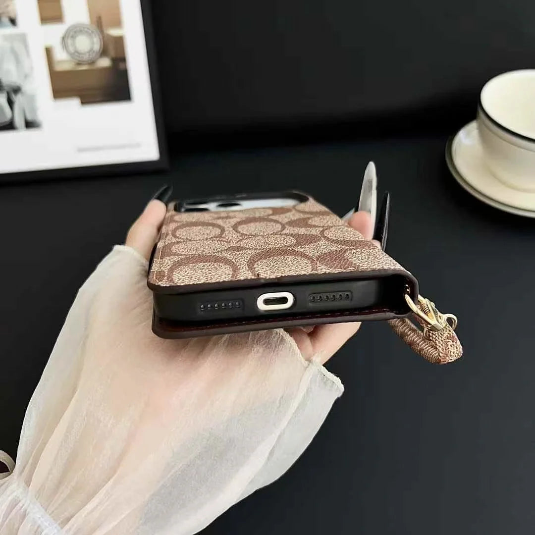 Luxury Wallet Design Premium PU Leather Flip Phone Case with Wrist Strap