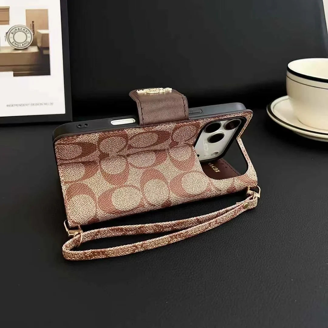 Luxury Wallet Design Premium PU Leather Flip Phone Case with Wrist Strap