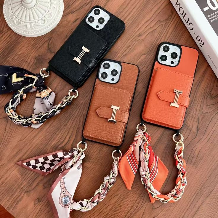 Luxury Leather iPhone Cover With Card Slot & Scarf Wrist Strap