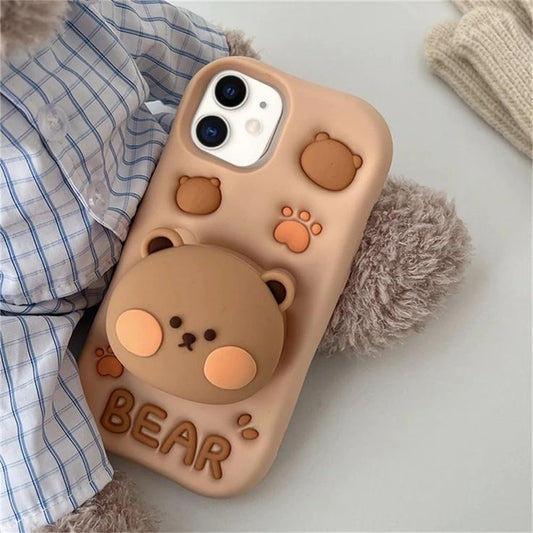 Cute Bear Silicone With Pop Stand Phone Case