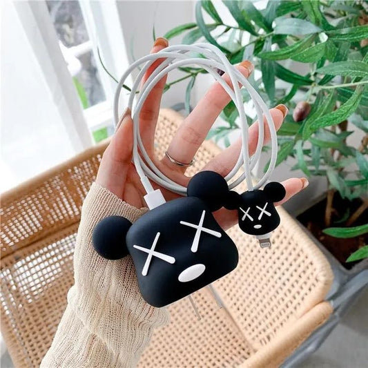 Cute Cartoon Series Fast Charger Protector for iPhone(Bear Brick Black)
