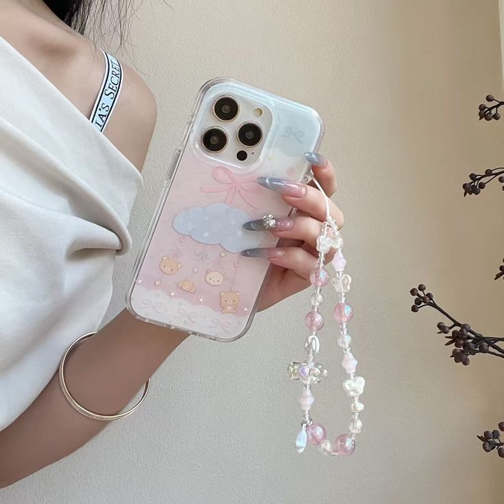 Pastel Cloud Baby-Bear Silicone Phone Case With Beaded Charm