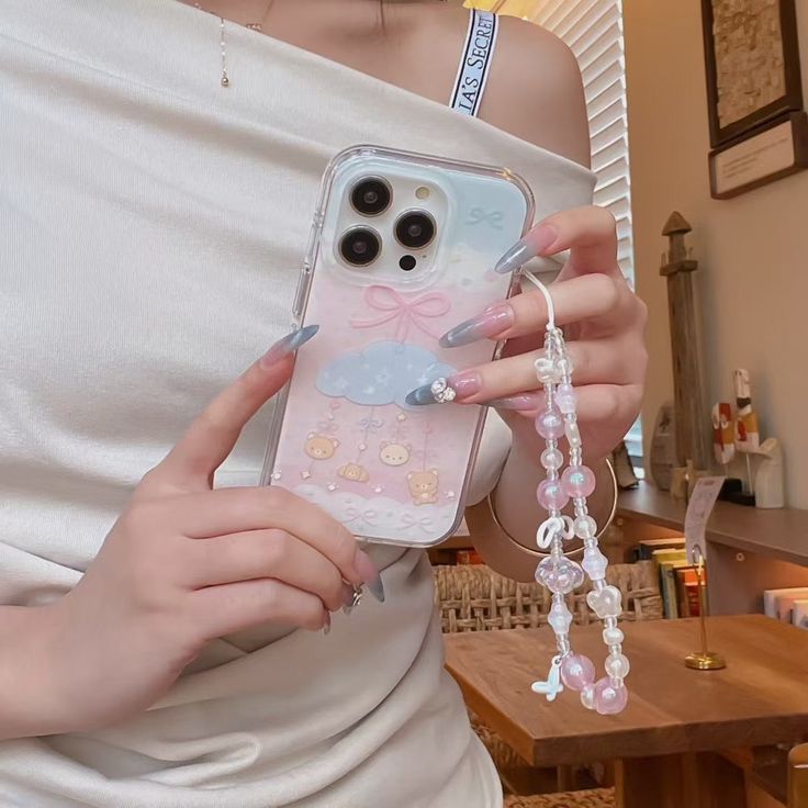 Pastel Cloud Baby-Bear Silicone Phone Case With Beaded Charm