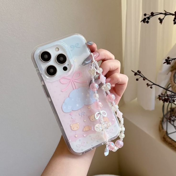 Pastel Cloud Baby-Bear Silicone Phone Case With Beaded Charm