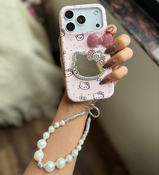 Pink Crystal Kitty Phone Case with Pearl Wrist Strap