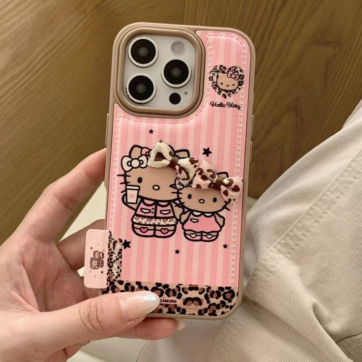 Pink Striped kitty-Style Phone Case With Leopard Bow Accents