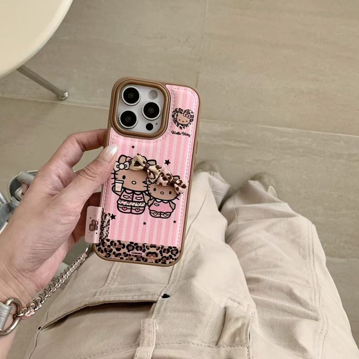 Pink Striped kitty-Style Phone Case With Leopard Bow Accents