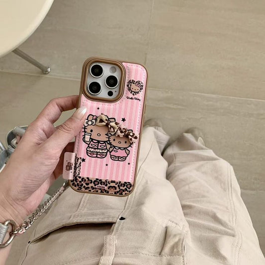 Pink Striped kitty-Style Phone Case With Leopard Bow Accents