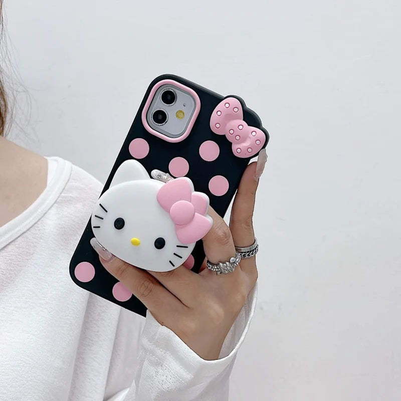 Polka Dot Bow Kitty Stand Silicone Phone Case
