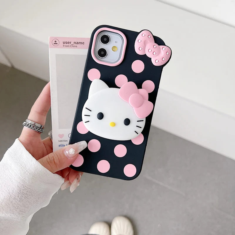 Polka Dot Bow Kitty Stand Silicone Phone Case