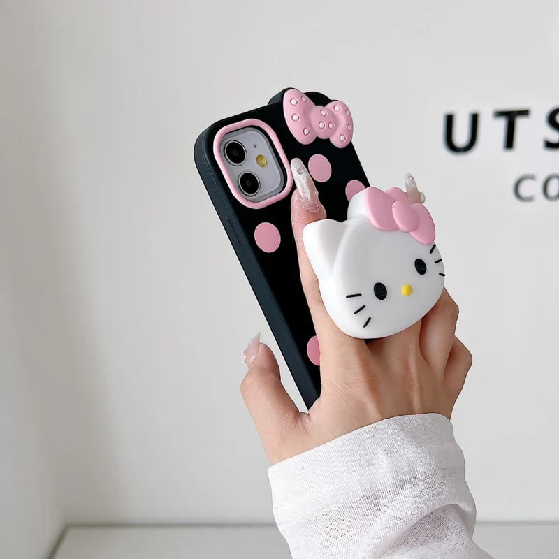 Polka Dot Bow Kitty Stand Silicone Phone Case