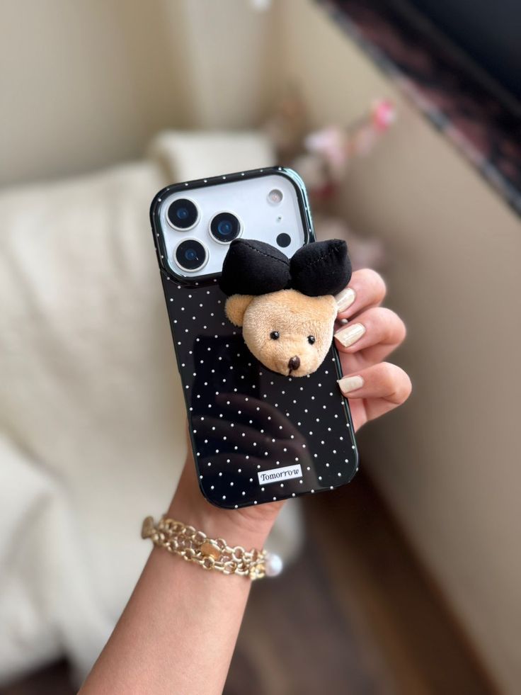 Black Polka-Dot Phone Case With 3D Soft Teddy