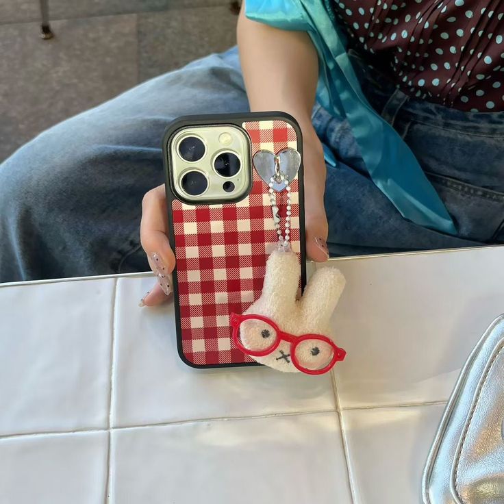 Red Gingham Bunny Phone Case with Plush Bunny Charm