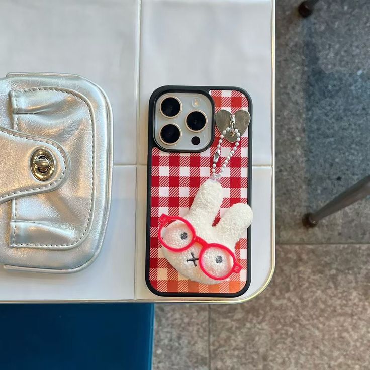 Red Gingham Bunny Phone Case with Plush Bunny Charm