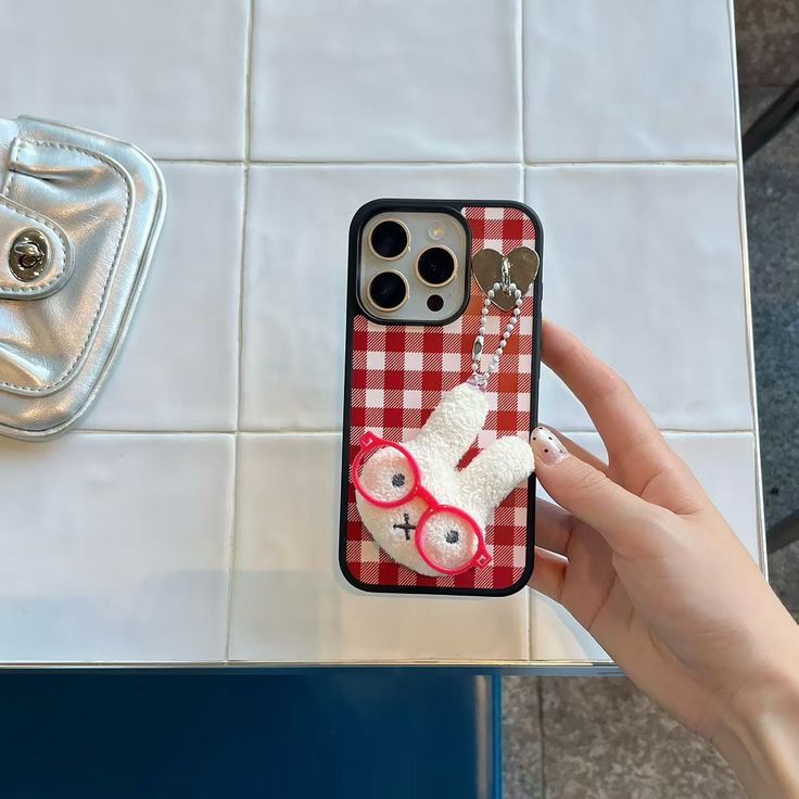 Red Gingham Bunny Phone Case with Plush Bunny Charm