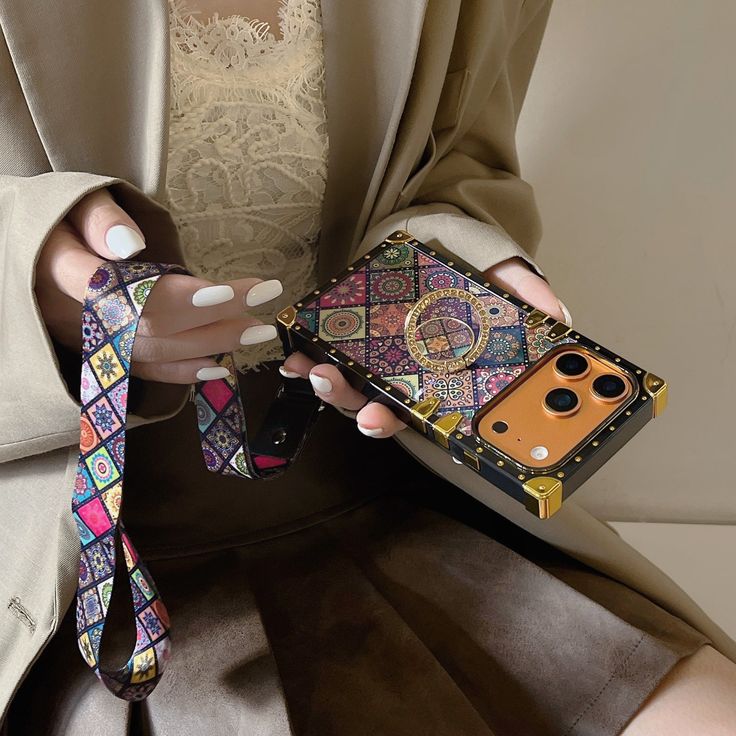 Retro Mosaic Phone Case With Strap & Ring Holder