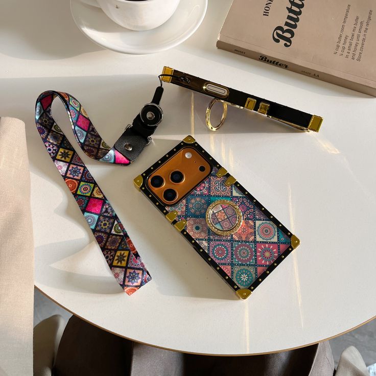 Retro Mosaic Phone Case With Strap & Ring Holder