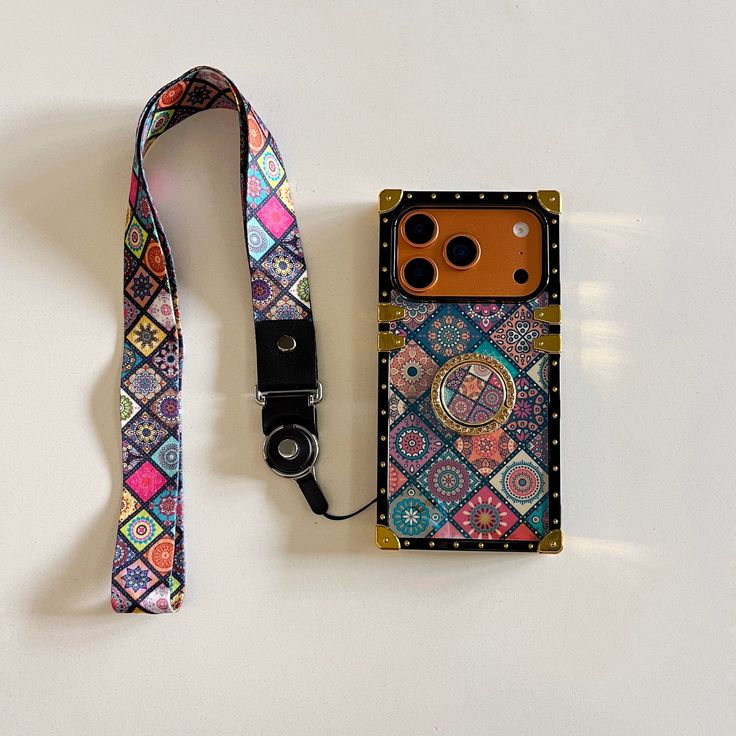 Retro Mosaic Phone Case With Strap & Ring Holder