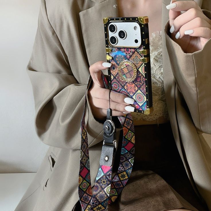 Retro Mosaic Phone Case With Strap & Ring Holder
